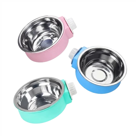 Comedero Colgante de Acero Inoxidable con Soporte Antivuelco para Conejos, Cobayos y Chinchillas